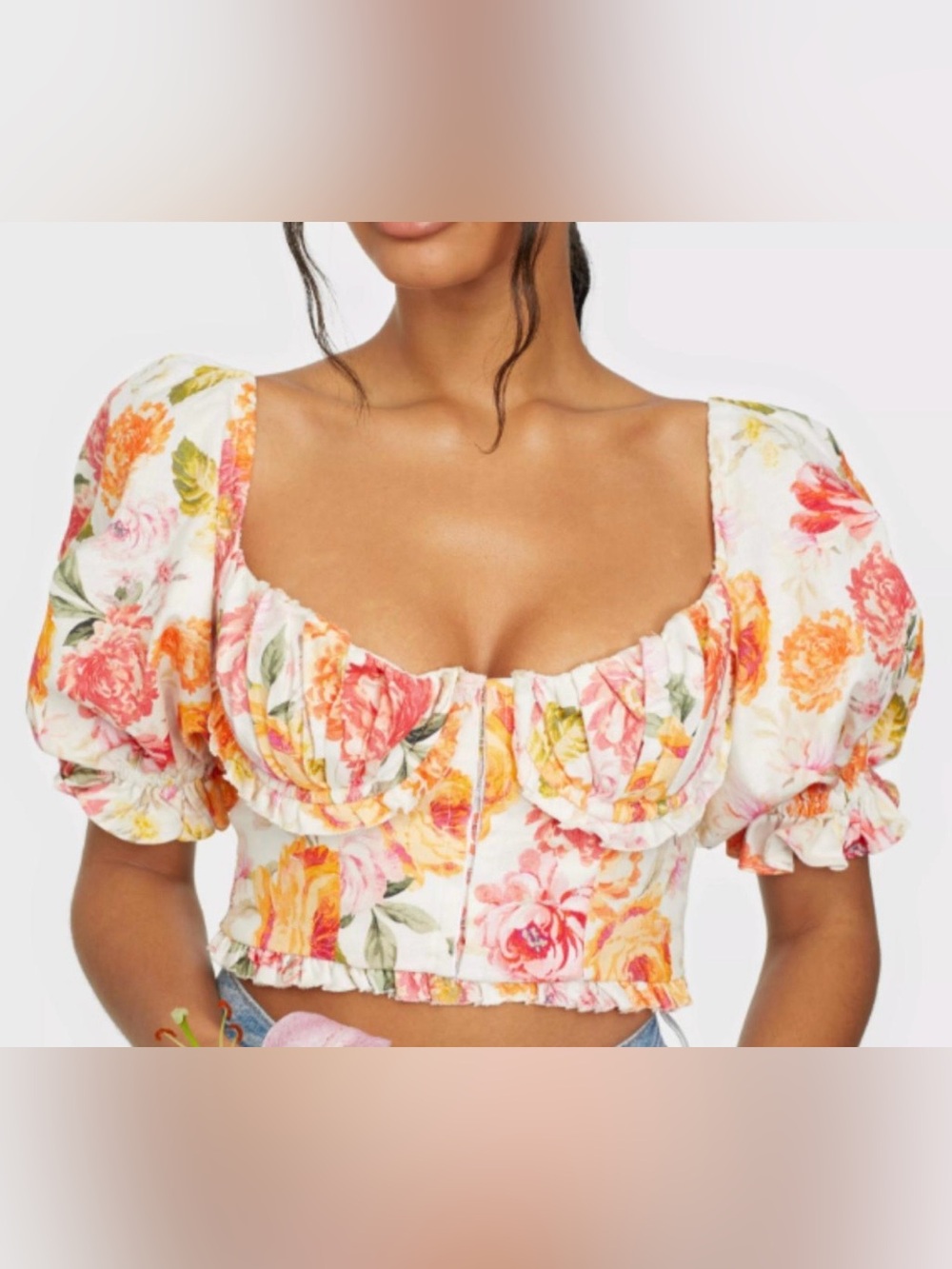 For Love & Lemons Peony Cropped Blouse in Coral